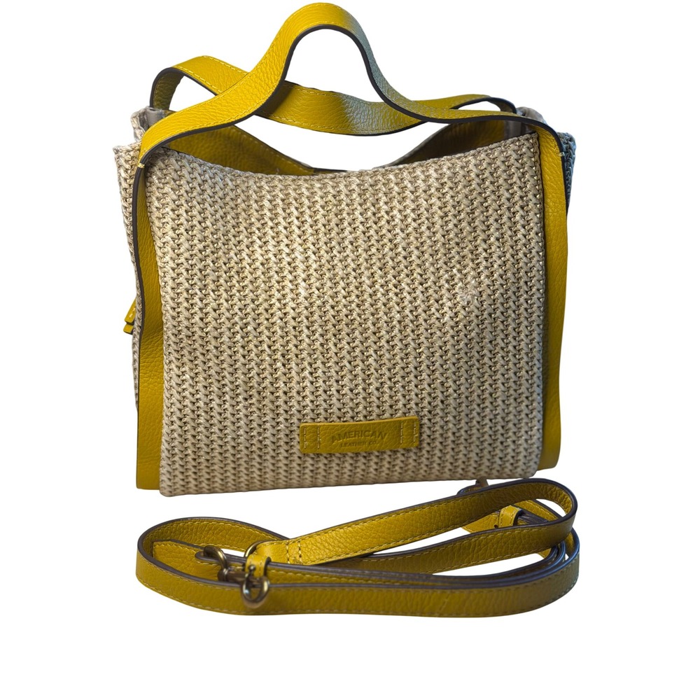 American Leather Co Crossbody Bag Yellow Straw Leather Trim Satchel Handbag - Picture 1 of 10